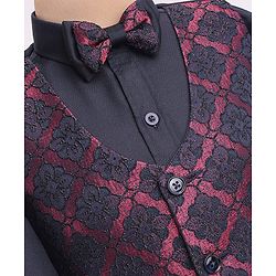 Babyhug Woven Full Sleeves Floral Embroidered 3 Piece Party Suit with Bow - Maroon & Navy Blue
