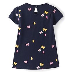 Babyhug Cotton Knit Half Sleeves Frock with Butterfly Print & Bow Applique - Navy Blue