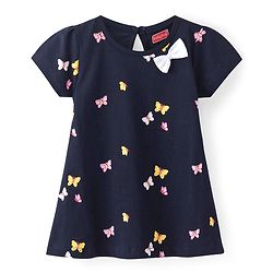 Babyhug Cotton Knit Half Sleeves Frock with Butterfly Print & Bow Applique - Navy Blue
