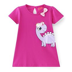 Babyhug Single Jersey Knit Half Sleeves Dino Printed Frock with Bow Applique  -Pink