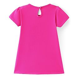 Babyhug Single Jersey Knit Half Sleeves Dino Printed Frock with Bow Applique  -Pink