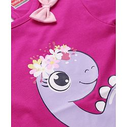 Babyhug Single Jersey Knit Half Sleeves Dino Printed Frock with Bow Applique  -Pink