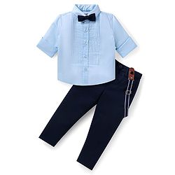 Babyhug Cotton Woven Full Sleeves Solid Colour Shirt & Trouser Set with Pinktucks Detailing Bow & Suspender - Light Blue