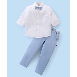 Babyhug Cotton Woven Full Sleeves Solid Party Wear Shirt & Trouser Set with Suspender & Bow - Sky Blue
