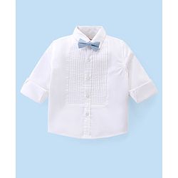 Babyhug Cotton Woven Full Sleeves Solid Party Wear Shirt & Trouser Set with Suspender & Bow - Sky Blue