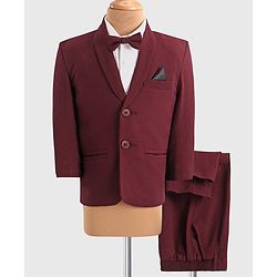 Babyhug Woven Full Sleeves Solid Colour 3 Piece Party Suit with Bow - Maroon