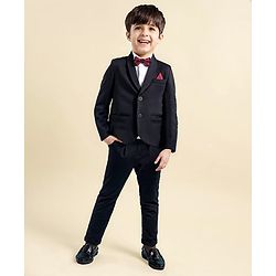 Babyhug Woven Full Sleeves Solid Colour 3 Piece Party Suit with Bow - Black & White