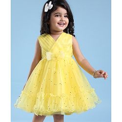 Babyhug Woven Sleeveless Fit & Flare Party Frock with Embellished Yoke & Bow Applique- Yellow