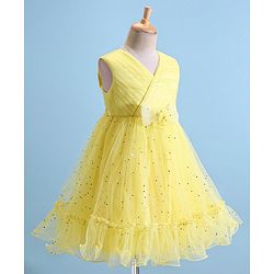 Babyhug Woven Sleeveless Fit & Flare Party Frock with Embellished Yoke & Bow Applique- Yellow