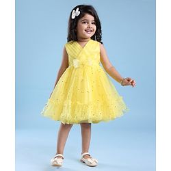 Babyhug Woven Sleeveless Fit & Flare Party Frock with Embellished Yoke & Bow Applique- Yellow