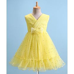 Babyhug Woven Sleeveless Fit & Flare Party Frock with Embellished Yoke & Bow Applique- Yellow