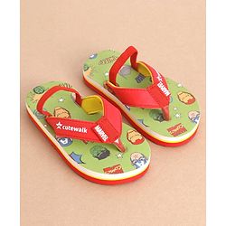 Cute Walk by Babyhug Marvel Flip Flops With Back Strap Avengers Print - Red & Green