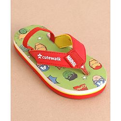 Cute Walk by Babyhug Marvel Flip Flops With Back Strap Avengers Print - Red & Green