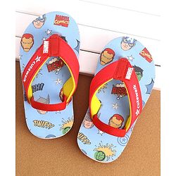 Cute Walk by Babyhug Marvel Flip Flops With Back Strap Avengers Print - Red & Green