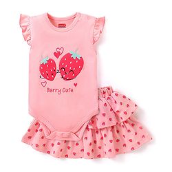 Babyhug 100% Cotton Frill Sleeves Onesies With Skirt Strawberry Print - Pink