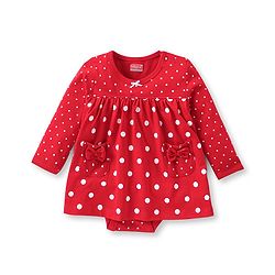 Babyhug 100% Cotton Knit Full Sleeves Frock Style  Onesie with Bow Applique & Polka Dots Print- Red