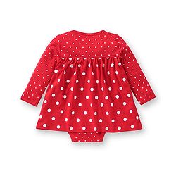 Babyhug 100% Cotton Knit Full Sleeves Frock Style  Onesie with Bow Applique & Polka Dots Print- Red