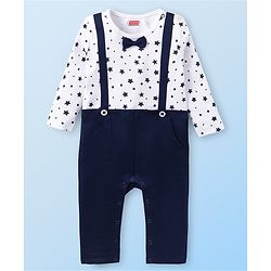 Babyhug 100% Cotton Knit Full Sleeves Romper with Bow Detailing & Star Print - Navy Blue