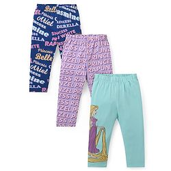 Babyhug Disney Lycra Knit Full Length Leggings with Disney Princess Print Pack of 3 - Sky Navy Blue & Purple