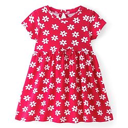 Babyhug Single Jersey Knit Half Sleeves Frock With Floral Print - Red