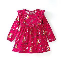 Babyhug Single Jersey Knit Full Sleeves Frock With Animals Print & Frill Detailing - Red