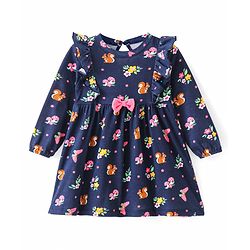 Babyhug Cotton Knit Full Sleeves Frock Floral Print & Frill Detailing with Bow Applique - Navy Blue
