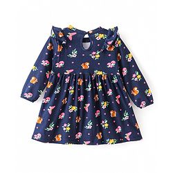 Babyhug Cotton Knit Full Sleeves Frock Floral Print & Frill Detailing with Bow Applique - Navy Blue