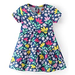 Babyhug Single Jersey Knit Half Sleeves Frock With Floral Print -Navy Blue