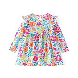 Babyhug Single Jersey Knit Full Sleeves Frock with Floral Print & Frill Detailing - White