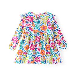 Babyhug Single Jersey Knit Full Sleeves Frock with Floral Print & Frill Detailing - White
