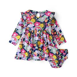 Babyhug Single Jersey Knit Full Sleeves Frock with Bloomer Sun & Cloud Print - Navy Blue