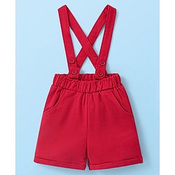 Babyhug Cotton Woven Half Sleeves  Polo T-Shirt &  Shorts Set With Bow & Suspender - White & Red