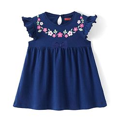 Babyhug Cotton Knit Frill Sleeves Frock with Floral Print & Bloomer - Blue