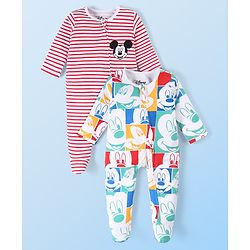 Babyhug Disney Cotton Knit Full Sleeves Sleepsuit With Stripes & Mickey Mouse Print Pack Of 2 - Multicolor