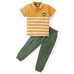 Babyhug Single Jersey Knit Half Sleeves Striped Polo T-Shirt & Pant Set - Yellow & Green