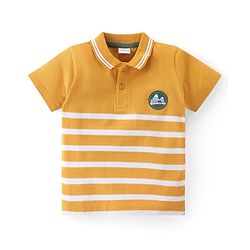 Babyhug Single Jersey Knit Half Sleeves Striped Polo T-Shirt & Pant Set - Yellow & Green
