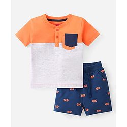 Babyhug Cotton Knit Half Sleeves Henley Neck T-Shirt & Shorts Set With Color Block Print - Multicolor