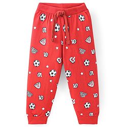 Babyhug Cotton Knit Full Length Lounge Pant With Football Print - Red