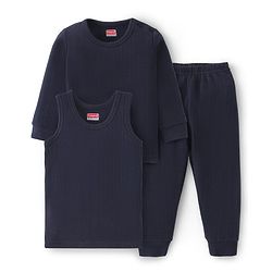 Babyhug Full Sleeves Solid Thermal Vests & Pant Set of 3 - Navy Blue