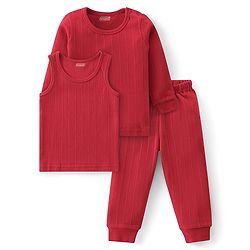 Babyhug Full Sleeves Solid Color Thermal Wear Pullover Vest & Pant Set - Red