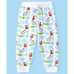 Babyhug Cotton Knit Full Length Lounge Pant with Animal Print - White