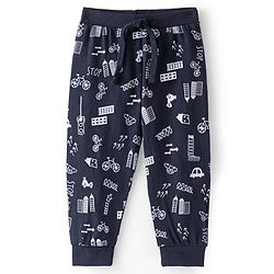 Babyhug Cotton Knit Full Length Lounge Pant Vehicle Print - Navy Blue