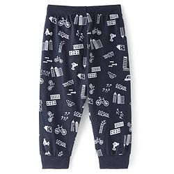 Babyhug Cotton Knit Full Length Lounge Pant Vehicle Print - Navy Blue
