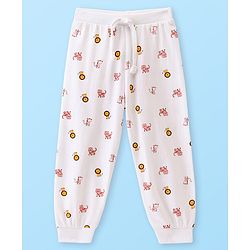 Babyhug Cotton Knit Full Length Lounge Pants With Animal Print - White