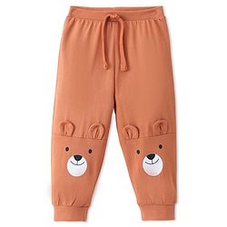 Babyhug Cotton Knit Full Length Lounge Pant with Teddy Print & Applique- Rust