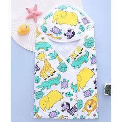 Babyhug Terry Knit Hooded Bath Towel With Animal Print L 76 x B 76 cm - White