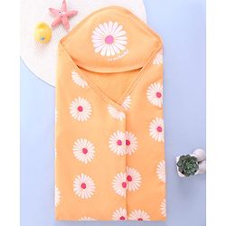 Babyhug Double Ply Terry Floral Print Hooded Towel L 76 x B 76 cm - Peach