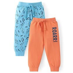 Babyhug Cotton Knit Lounge Pants with Dino & Text Print Pack of 2 - Orange & Navy