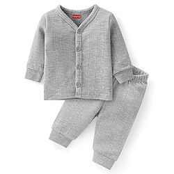 Babyhug Full Sleeves Front Open Thermal Inner Wear Set Solid Colour - Light Grey
