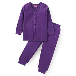 Babyhug Full Sleeves Front Open  Thermal Vest & Pant Set Solid Colour - Purple